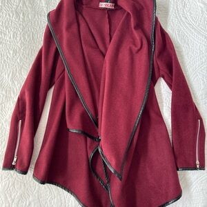 Women's Burgundy Lightweight Wool Drape Jacket with Black Trim & Zipper detail